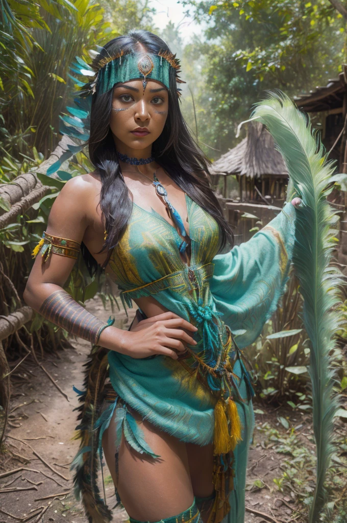 A young woman of radiant beauty, the most beautiful cabocla jurema She holds an arrow and she wears a DRESS in the world, cores predominantes azul verde amarelo, indigenous, with feathers on her head, long straight hair falling over her shoulders, ((magnetic green eyes)), ((square face and hollow chin)) , ((strong expression of a warrior woman)), indigenous body paintings, body and beauty of a Goddess, half naked ((wearing wild animal skin)), ((with bow and arrows on her back)),( (in the background a sacred temple in the middle of a forest on a full moon night))Cabelo comprido, Determinado, Desdém, 