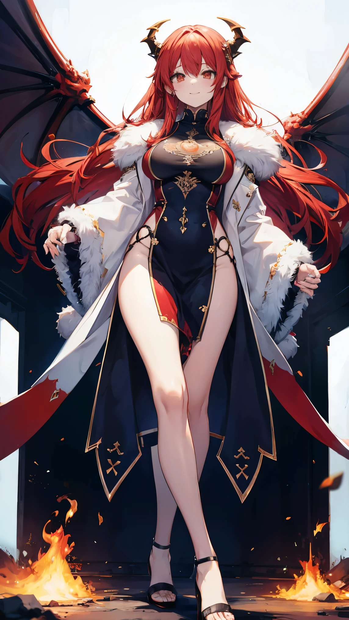 ,Highest quality,Red Hair,White skin,Orange Eyes,Very long hair,Large Breasts,Dragon's Eye,fur,smile,naked,Dragon Horn,Standing with your legs apart,Toned body,slender