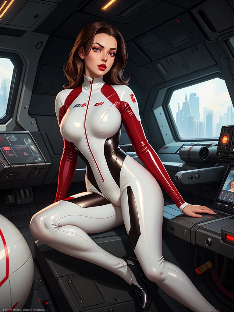 Latex catsuit lady, perfect body, full body, brown eyes, hot thick red lips, parted lips, sensuality, lime and white swinsuit armored cyberpunk, correct deformed fingers, photorealistic, sharpened eyes, (((eyes to the camera))) Pretty Features, Spaceship Interior,Hyperrealism Painting Concept ART of Detailed Character Design Matte Painting, 4K Resolution Blade Runner, Mysterious, REALISTIC, Masterpiece, realistic