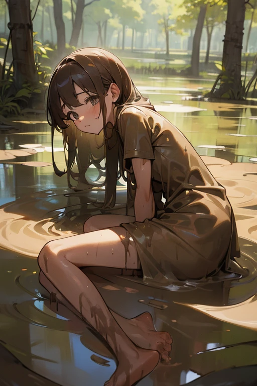 masterpiece, Highest quality, High resolution, (Detailed Design), (Muddy Girl:1.3), (Mud bath:1.3), in the forest, Africa, Barefoot