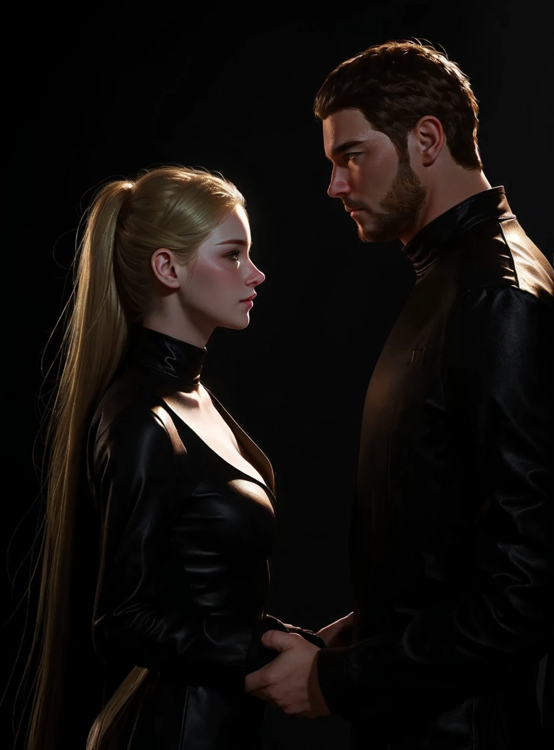 (( big man short brown hair ))with ((1woman blonde long hair)), art style guweiz , simple background , bokeh , lovers , couple , art style guweiz , simple background , bokeh , lovers , couple ,Height difference,