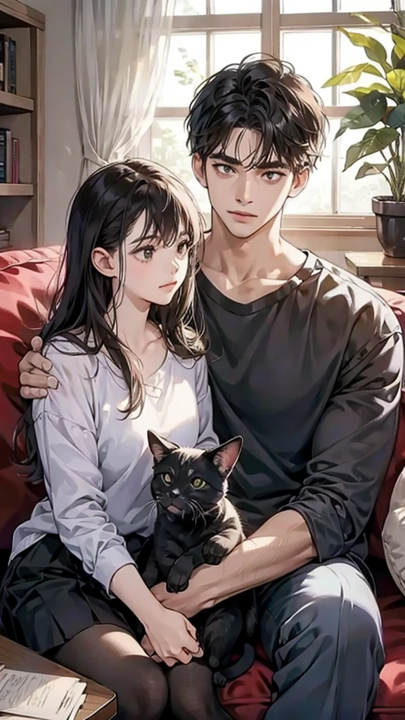 college student couple, Carrying a cat, Sit on the sofa, Black Cat, living room,แมวดำหลายตัว