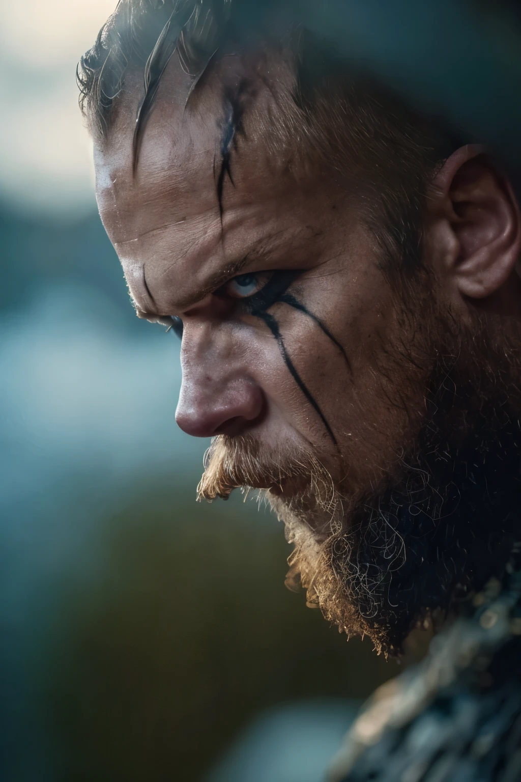 Hyper-realistic cinematic artwork of Floki from the Vikings series, captured in a dynamic pose with the sensation of movement, as if he's emerging from shadows in a dense, misty forest. His intense gaze and intricate facial tattoos are emphasized, reflecting his eccentric and mystical nature. The scene is bathed in a cold, harsh light that contrasts with the dark, ominous surroundings, capturing the grim atmosphere of the Viking era. The image should convey a sense of depth, with a strong focus on three-dimensionality, highlighting Floki's enigmatic and chaotic personality, set against the backdrop of the Norse world.