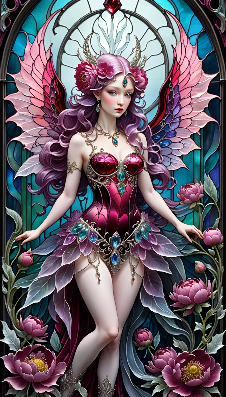 triadic colors, cinematic, official art, close fairytale transparent glass centaur ruby peony flowers, ice hoarfrost, baroque, Craola, highly detailed stained glass wings, amethyst crystals, labradorite iridescent crystals, Andy Kehoe, John Blanche, complex highly detailed background, child book detailed illustration, fantasy, filigree, filigree detailed, intricated, cute
