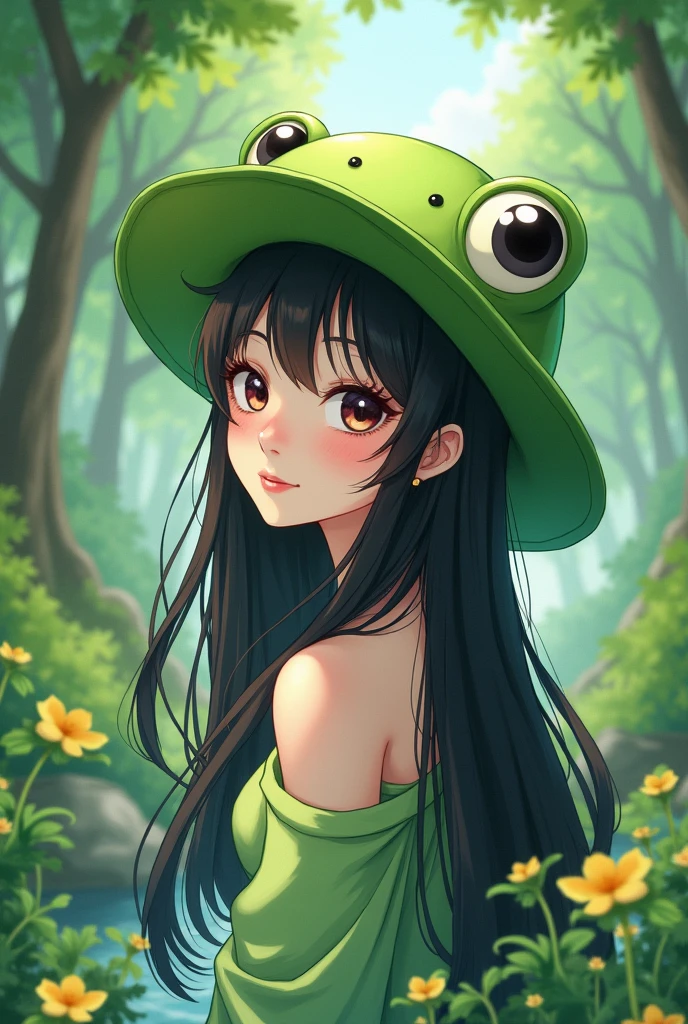 Drawing anime girl wearing green frog hat white skin long black hair full body visible nature background