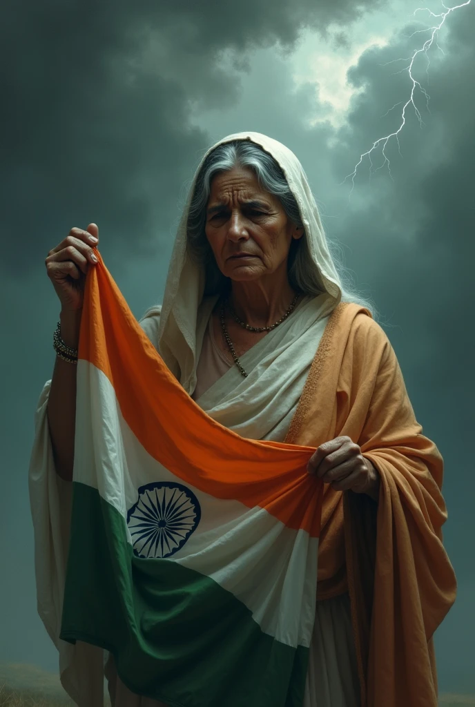 Mother India with flag crying