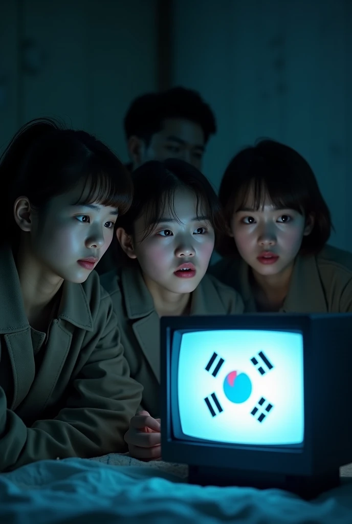 a group of north korean youth secretly watching a korean drama on a small monitor, tense expressions on their faces, realistic interior setting, cinematic lighting, highly detailed, photorealistic, 4k, best quality, masterpiece