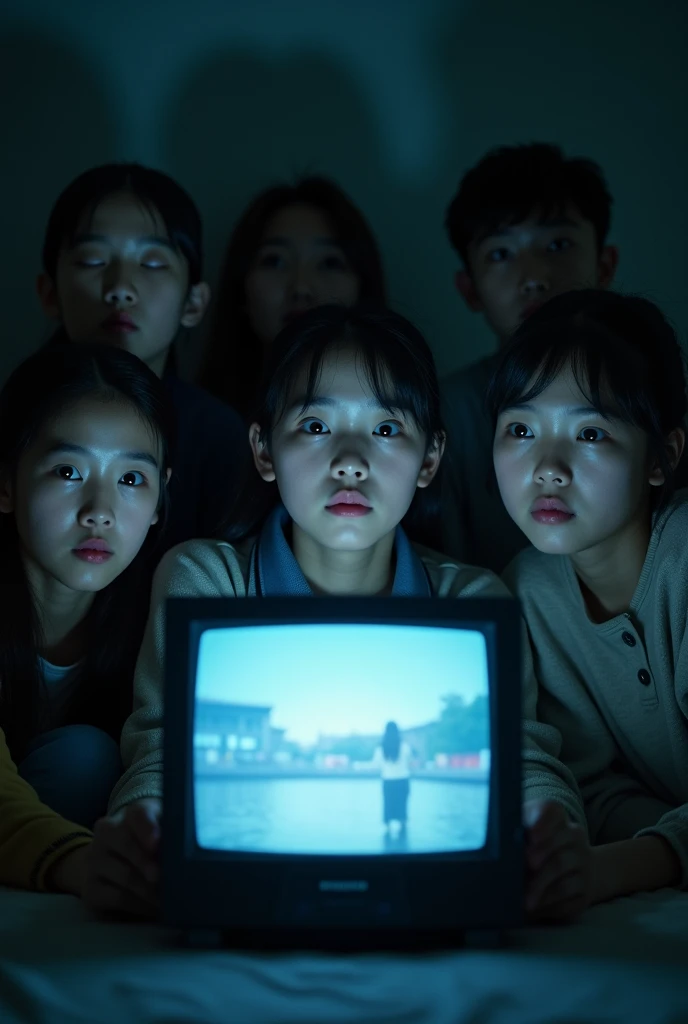 a group of north korean youth secretly watching a korean drama on a small monitor, tense expressions on their faces, realistic interior setting, cinematic lighting, highly detailed, photorealistic, 4k, best quality, masterpiece