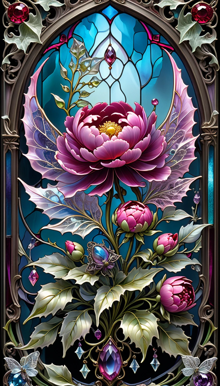 triadic colors, cinematic, official art, close fairytale transparent glass goblin ruby peony flowers, ice hoarfrost, baroque, Craola, highly detailed stained glass wings, amethyst crystals, labradorite iridescent crystals, Andy Kehoe, John Blanche, complex highly detailed background, child book detailed illustration, fantasy, filigree, filigree detailed, intricated, cute
