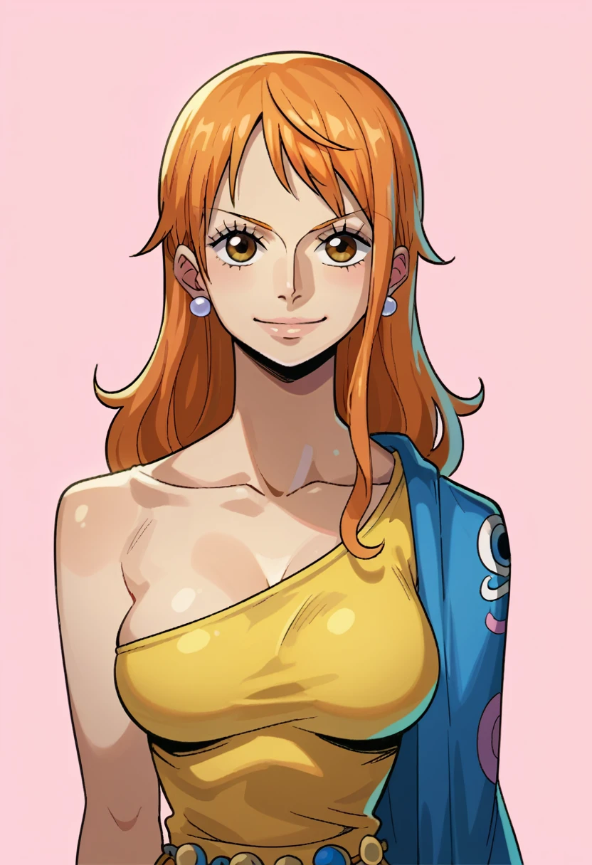 score_9, score_8_up, score_7_up, BREAK shadow, portrait, pink background, 1girl, solo, nami \(one piece\),