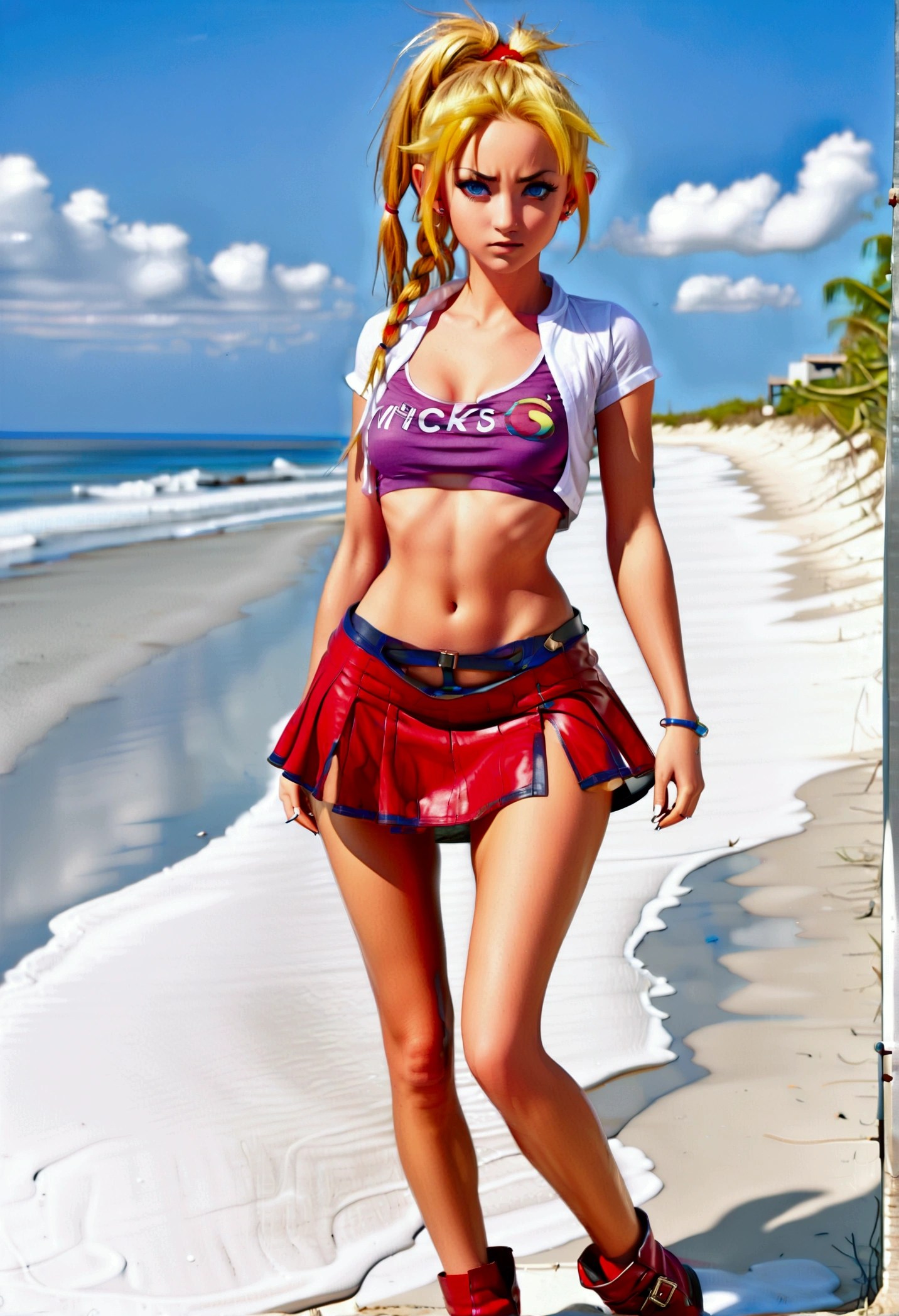 (promotional art), (full length portrait:1.4), (Kid from Chrono Cross), BREAK: yellow hair in high ponytail braid, sapphire blue eyes, very slender toned frame, lanky thin build, medium-large perky bust, (nipples:1.25), aroused expression, underboob showing, BREAK: (skin tight booty skirt), (red open front slit micro skirt:1.4), (3/4 cropped (RED) short-sleeved jacket:1.3), white crop top under jacket,(shirt clings to nipples:1.4)), loose brown ankle boots, loose leather boots, metal toed ankle boots, BREAK: (wide field of view composition), centered, (hands behind head pose:1.25), thighs open pose, walking down beach, white sand beach setting