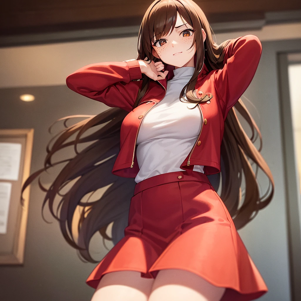 Girl has long brown hair and freckles big breast's wearing a red jacket and red skirt