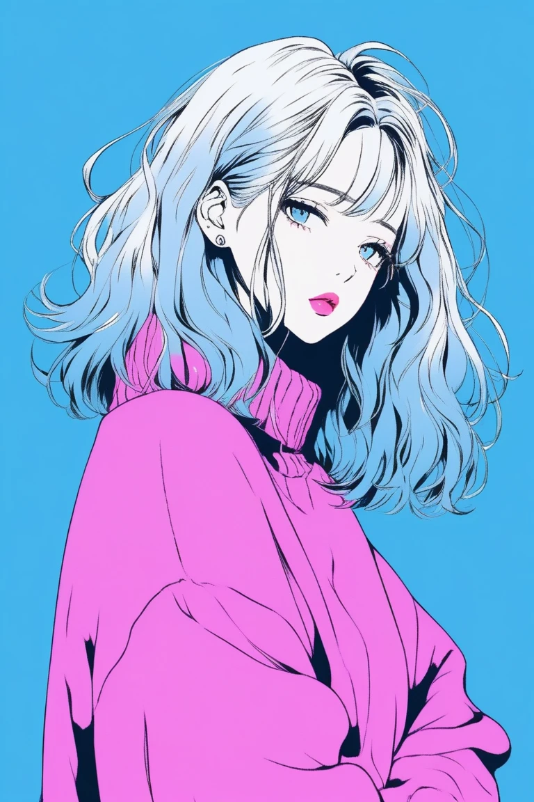 Illustrator, Japanese Manga , Actual ,sketch , 1 person, ,lips, sweater,order, Blue gradient background, Neon Medium Hair,Texture Trim, Canadian, (masterpiece,Highest quality) Cancer
