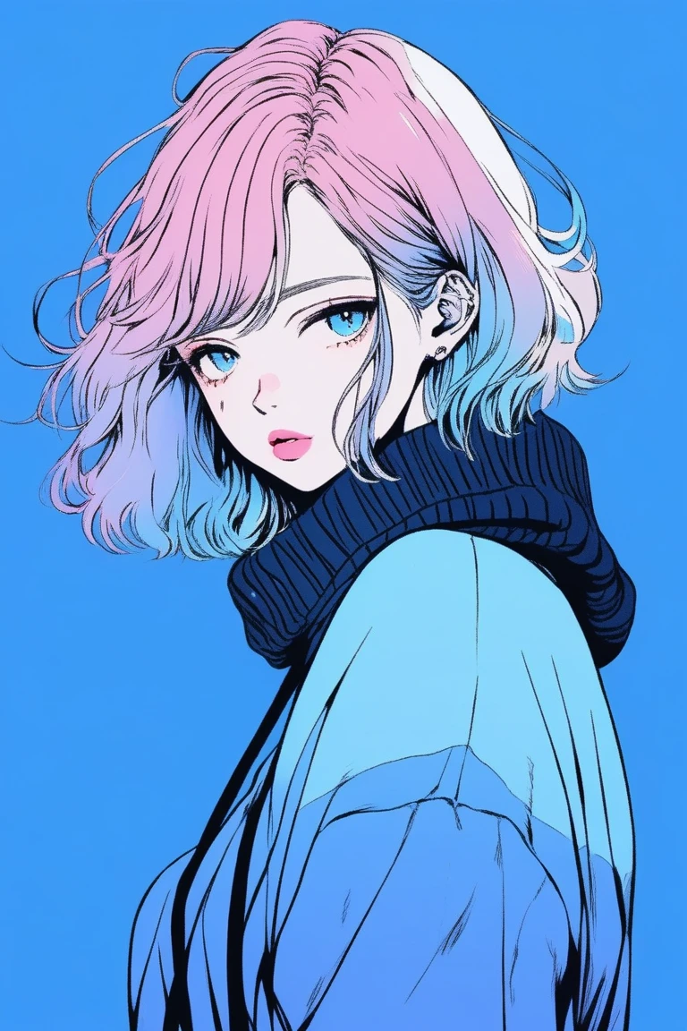 Illustrator, Japanese Manga , Actual ,sketch , 1 person, ,lips, sweater,order, Blue gradient background, Neon Medium Hair,Texture Trim, Canadian, (masterpiece,Highest quality) Cancer