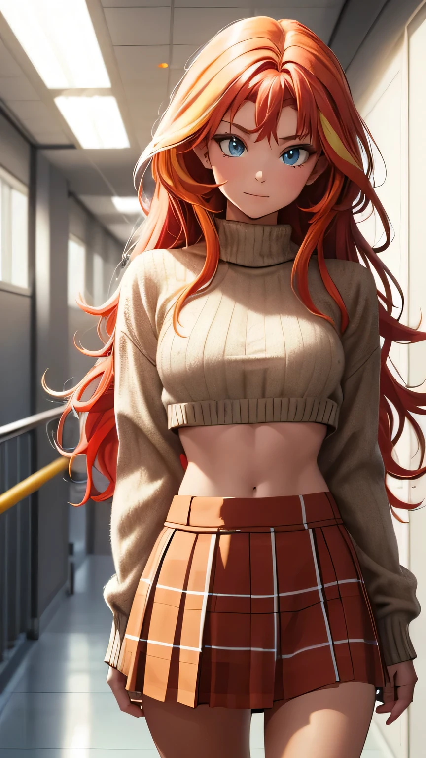 girl, red hair, yellow hair streaks, medium hair, blue eyes, athletic body, athletic body , crop top sweater, white sweater, tight sweater, smirking , sure, brown skintone, plaid miniskirt, high school hallway
crop top overhang , messy hair, tanned skin,