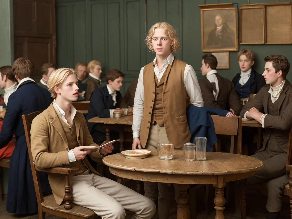 realistic picture,early 19th century,in Europe,in the café,students are far away from me,one blonde medium length hair and blue eyes beautiful young man is standing and speeching,young men sitting chairs and listening the speech,wear simple clothes,tables
