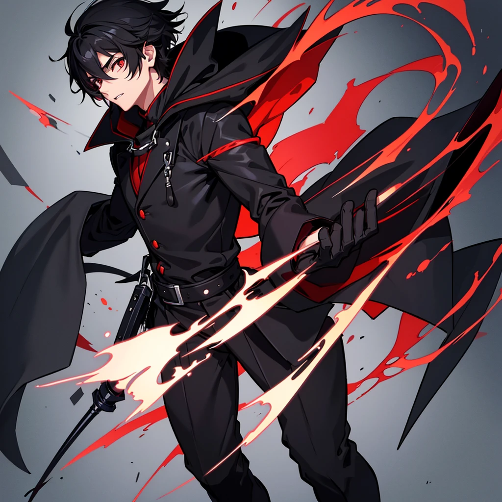 Best illustrations、Best Quality、(28-year-old man、Red eyes、Black Hair)、(Black coat、Black suit、Black hood、Black trousers、Black leather shoes)、Fantasy