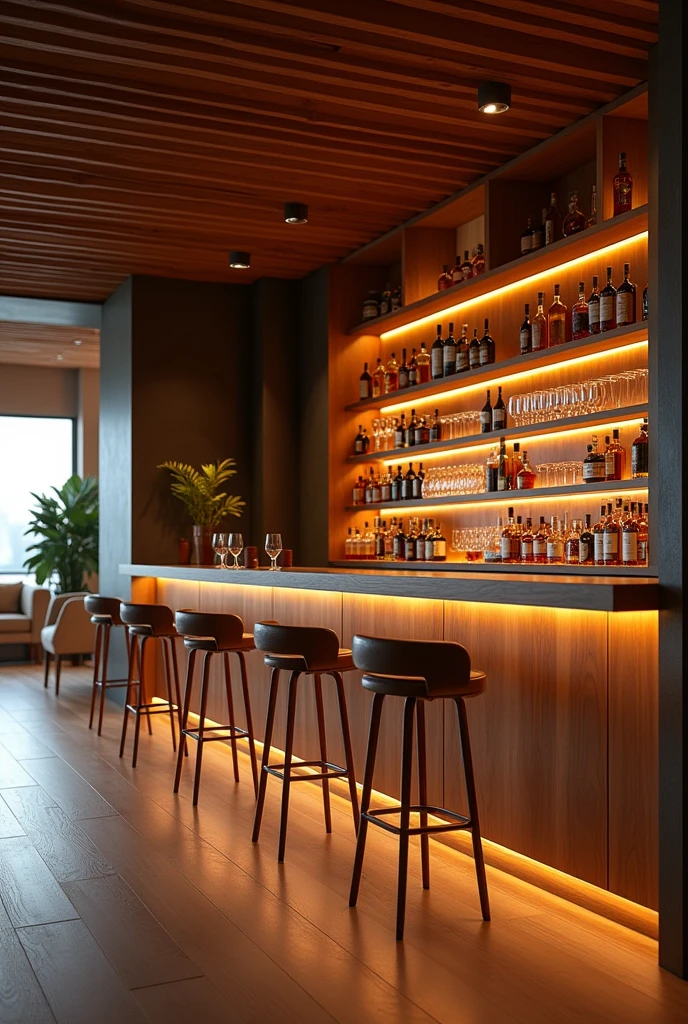 a beautiful modern bar interior with wooden bar, bottles of liquor, elegant wine glasses, high stools, well-lit, (best quality,4k,8k,highres,masterpiece:1.2),ultra-detailed,(realistic,photorealistic,photo-realistic:1.37),intricate details,cinematic lighting,warm color tones,wood grain texture,glass reflections,glossy surfaces,elegant bar setup,bar counter,bar shelves,bar accessories,bar decor,modern bar design