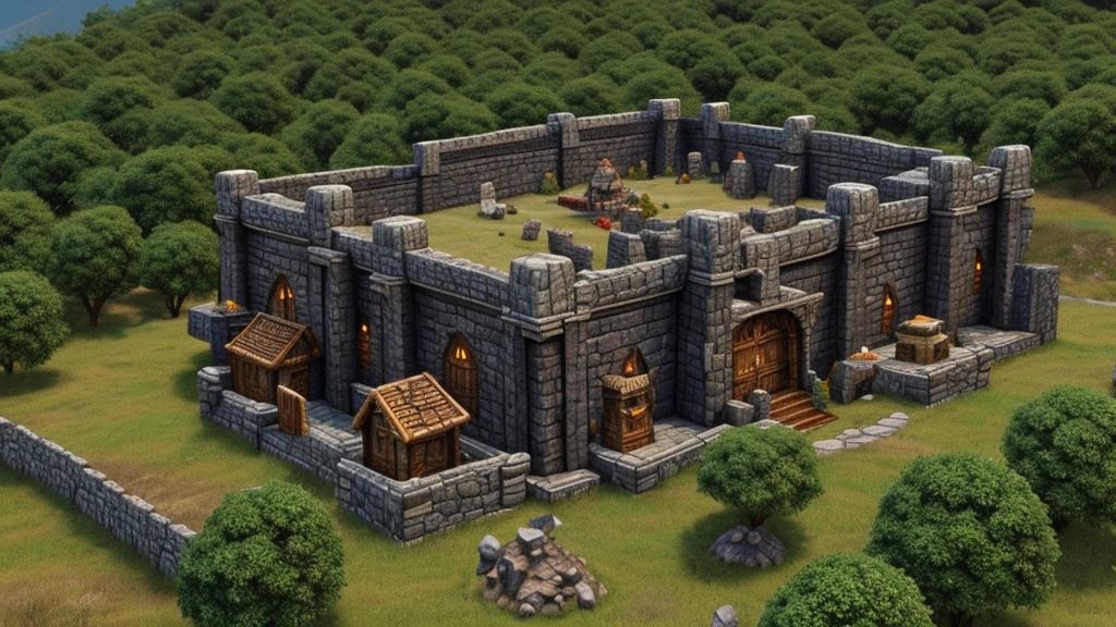 dwarven stronghold built into the side of a mountain, distant overview, with dwarves fighting orcs