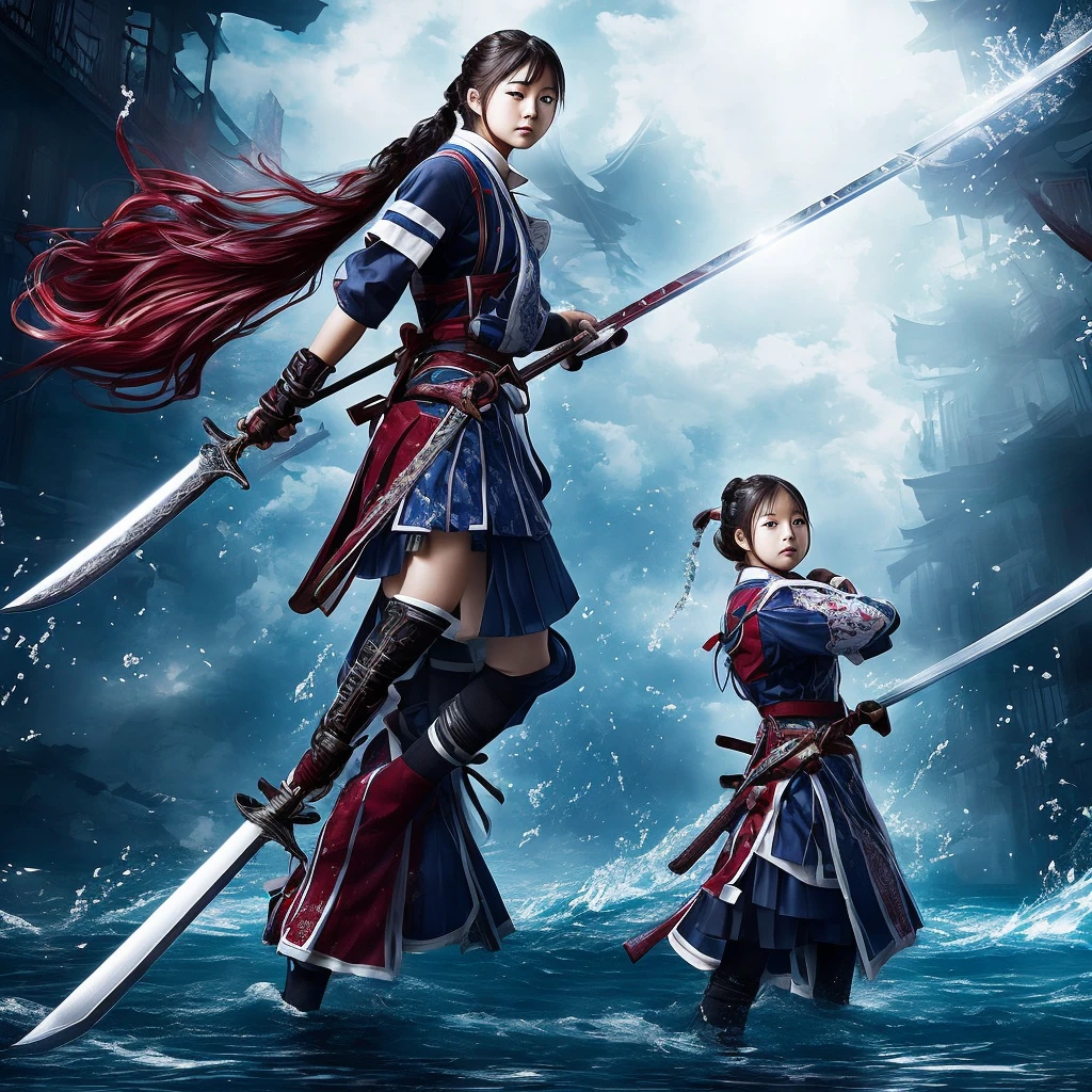 A Japanese high school French braid girl wearing her bloodstained uniform, carrying a sword, Wielding a sword  , water flows in tandem with the sword , creating a dynamic visual effect , huge Wavy water Inside the dilapidated, cluttered, and bloodstained classroom