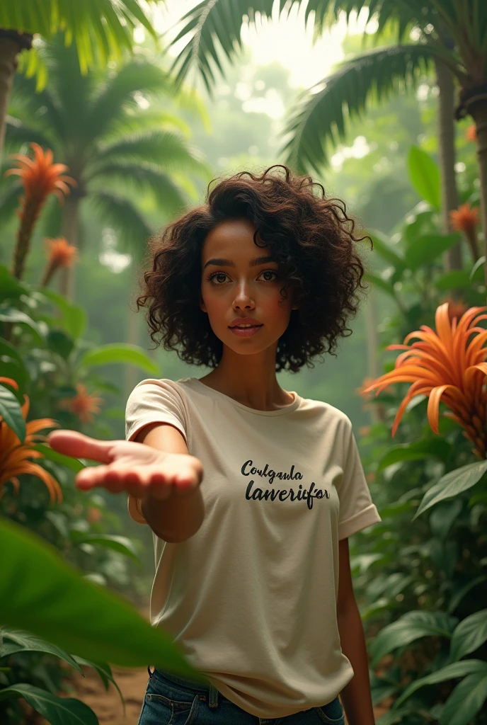 A Brazilian woman in a lush tropical garden, wearing a t-shirt with his hand outstretched as if holding a pot 