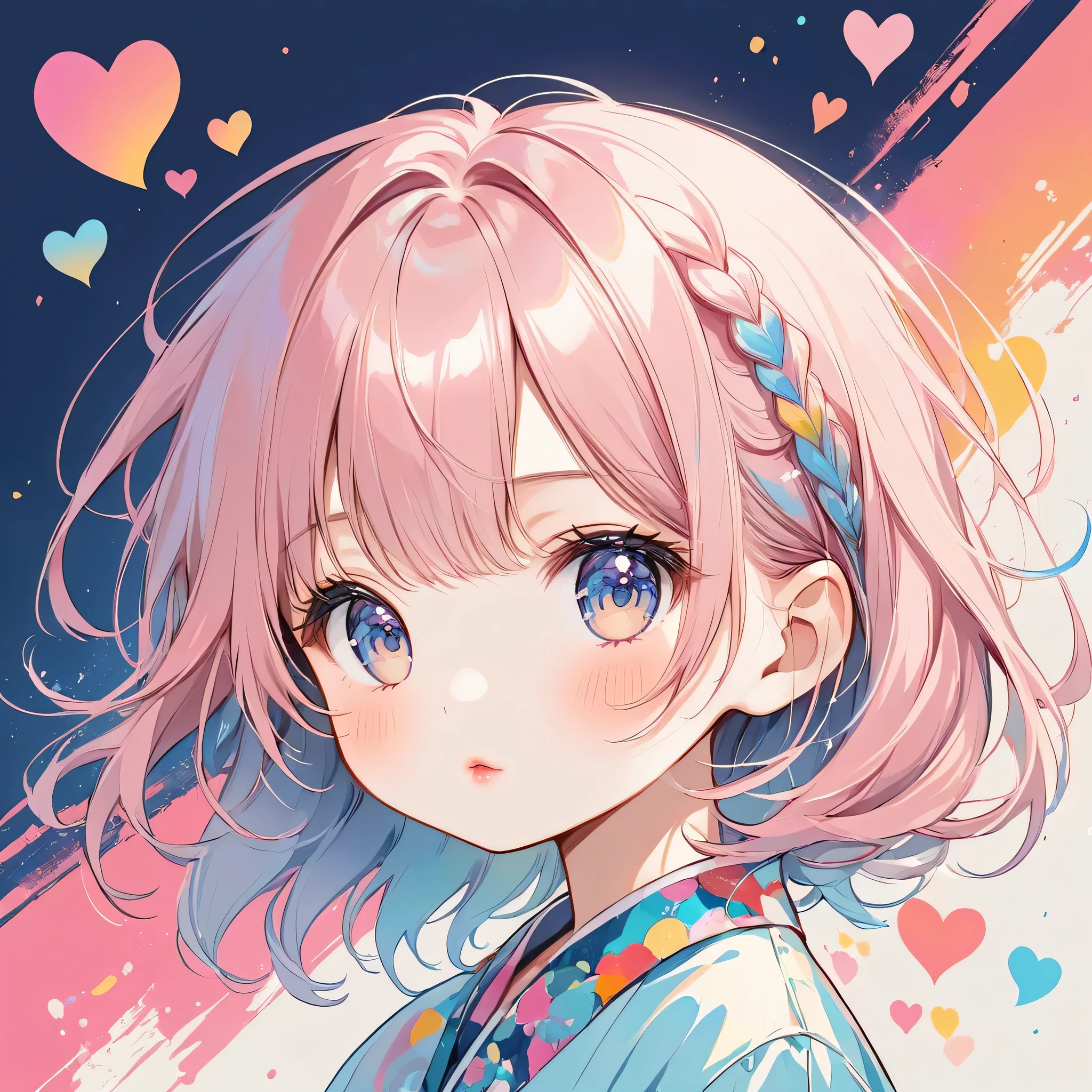 Makoto Shinkai pastel color style, Simple Line Initialism，Abstract art，Urban Background, (((The most beautiful girl of all time))), chibi, Sweet face. Lips in love, colorful hearts, kawaii design