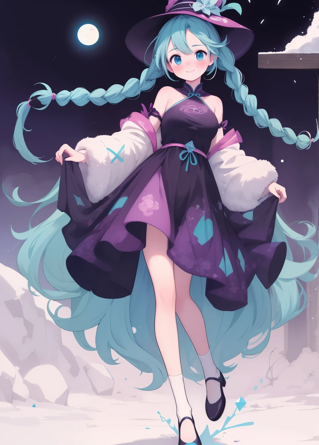 (masterpiece、Highest quality、Highest quality、Official Art、Beautiful and beautiful:1.2)、(One person:1.3)Hatsune Miku、Twin tails,Beautiful breasts, Katsushika Hokusai,(Full body photo),Fluorescent background,(Witch 1 person,Flash Fluorescence,hat,Transparent tulle Chinese dress,A delicate tiara,smile),(Paper Art,Quilted Paper Art,geometry),(Many colors,The best quality at its best,High detail,masterpiece,Cinematic lighting effects,4K,Light and dark contrast),Blue sheer tulle dress,Braid,Red knee-length socks,Luminous Totem,blue eyes,Blue hair and large breasts,長いBraid,