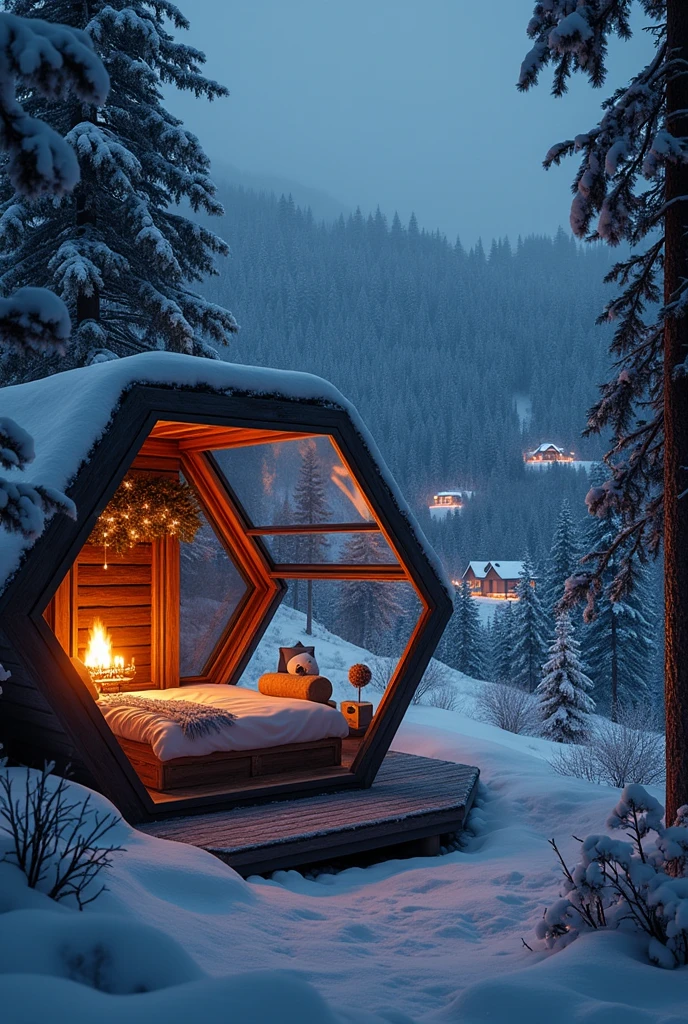 sky dark night .In night christmas. A bedroom in a wooden house made of glass Hexagonal with a fireplace .overlooking outside the white snow in the mountain forest.In the distance, a few small houses lit up with Christmas lights in the forest
