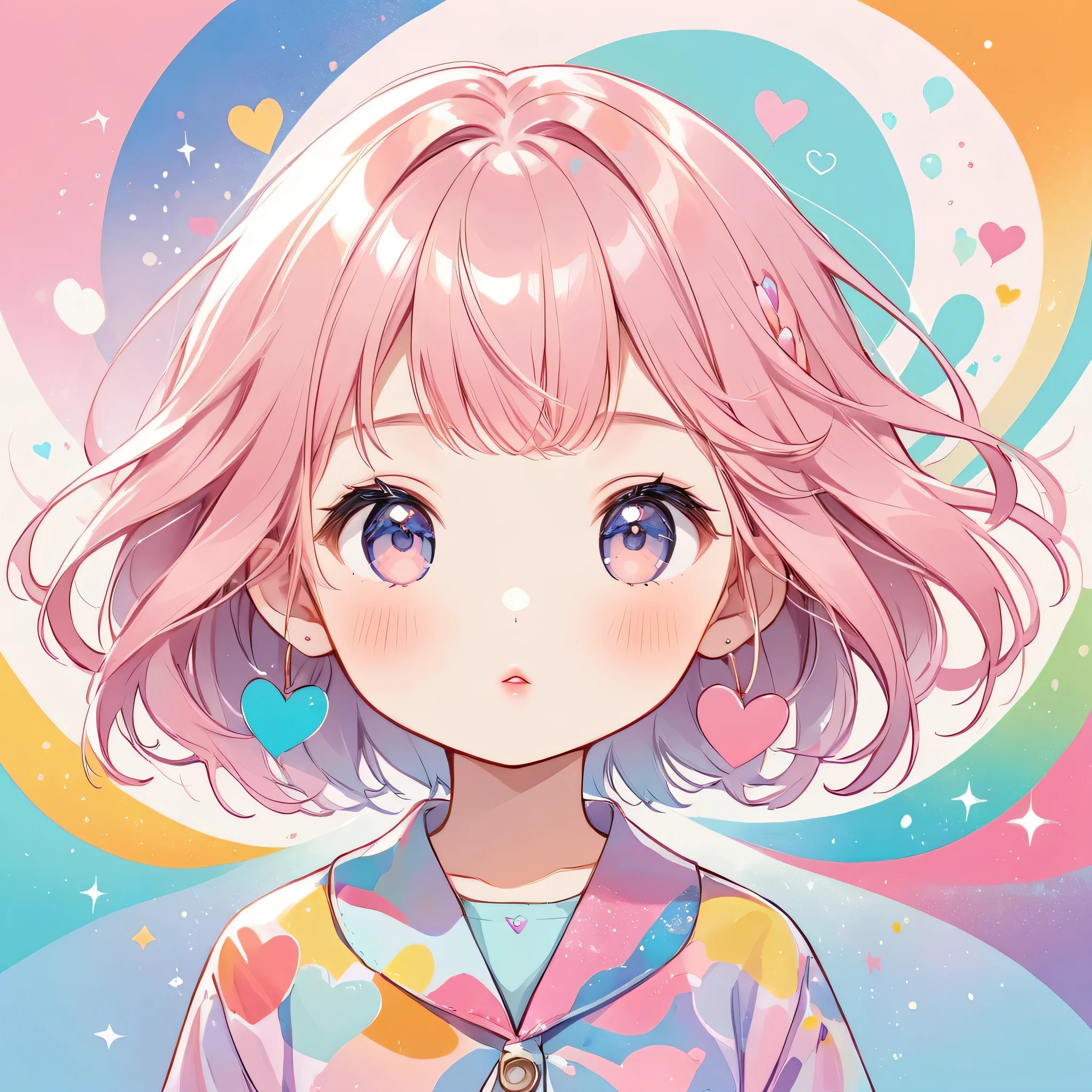 Makoto Shinkai pastel color style, Simple Line Initialism,Abstract art,Urban Background, (((The most beautiful girl of all time))), chibi, Sweet face. Lips in love, colorful hearts, kawaii design