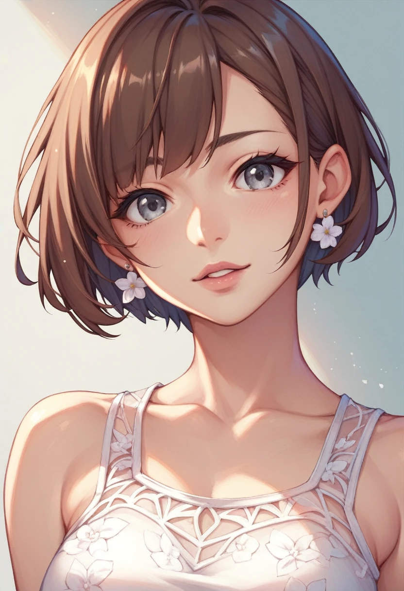 White floral earrings、Brown hair color、Gray Eyes、Short Bob、Grey Eyes、