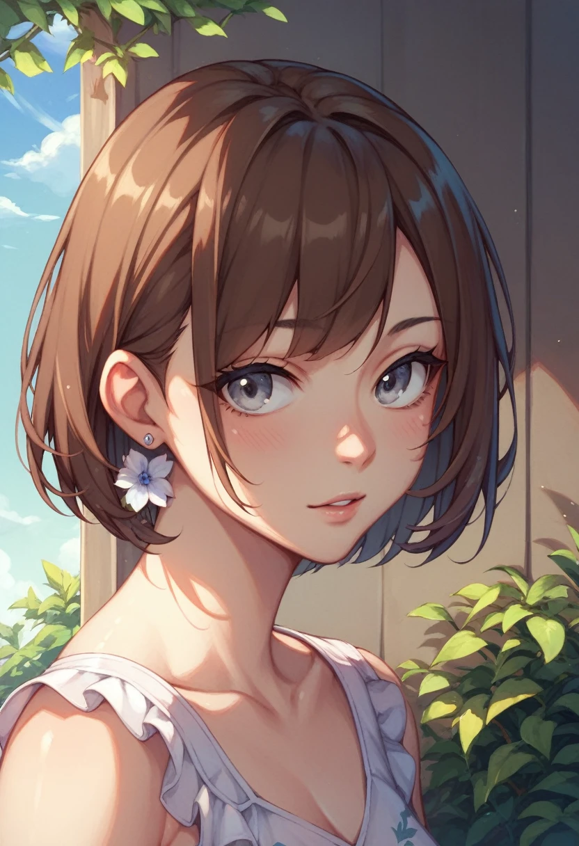 White floral earrings、Brown hair color、Gray Eyes、Short Bob、Grey Eyes、