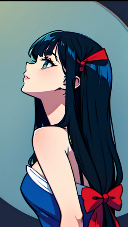 long haired girl   green eyes black and blueish hair  has bangs a red bow behind her hair blue dress one eye blind