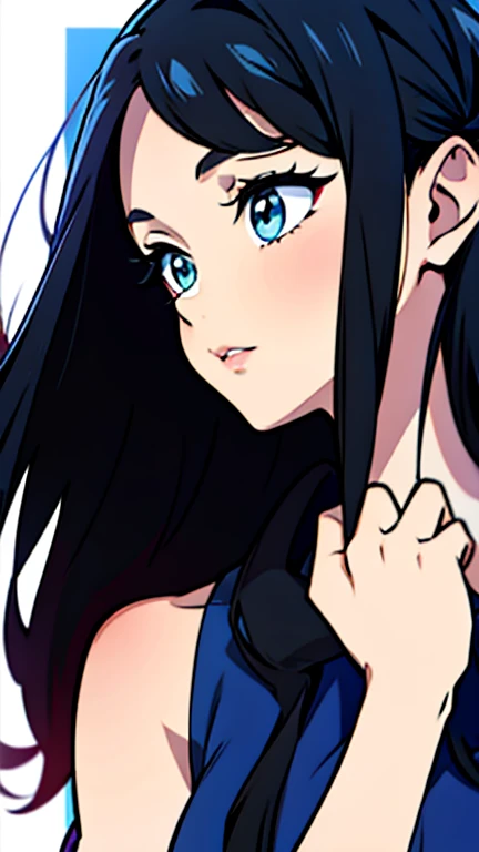 long haired girl green eyes black and blueish hair has bangs a red bow behind her hair blue dress one eye blind