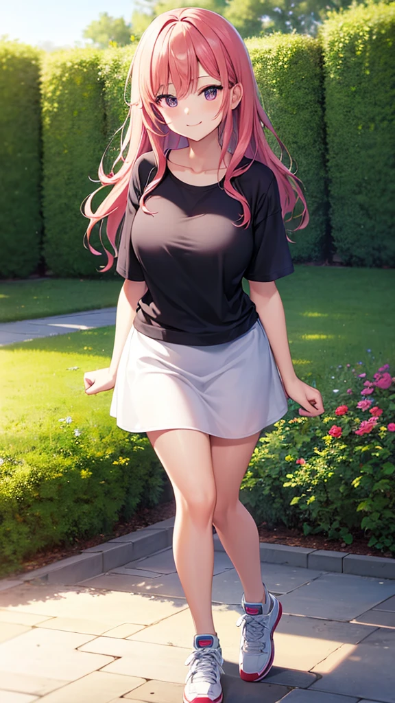 masterpiece, best quality, high detail, beautiful woman, wavy hair, pink hair, large bust, purple t-shirt, loose t-shirt, white skirt, sneakers, looking at viewer, light smile, garden, stone wall, backyard, evening, summer night,