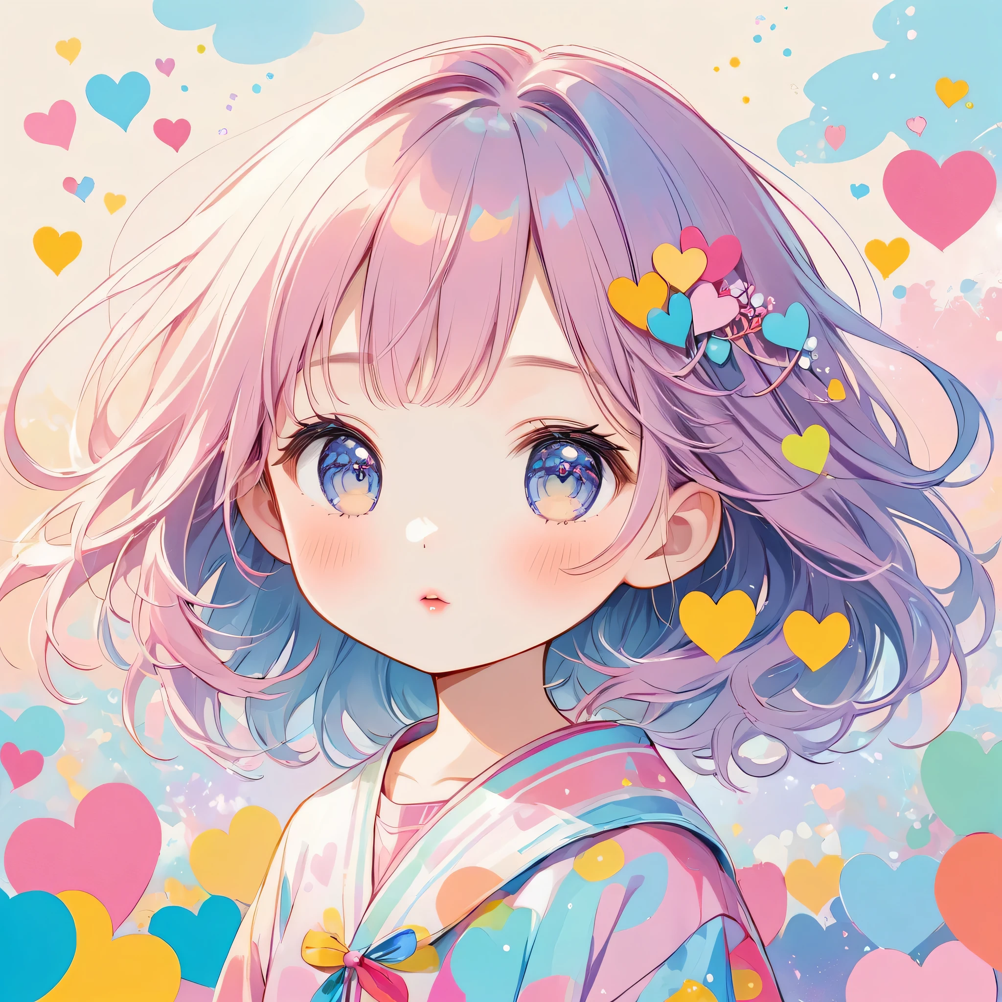 Makoto Shinkai pastel color style, Simple Line Initialism,Abstract art,Urban Background, (((The most beautiful girl of all time))), chibi, Sweet face. Lips in love, colorful hearts, kawaii design
