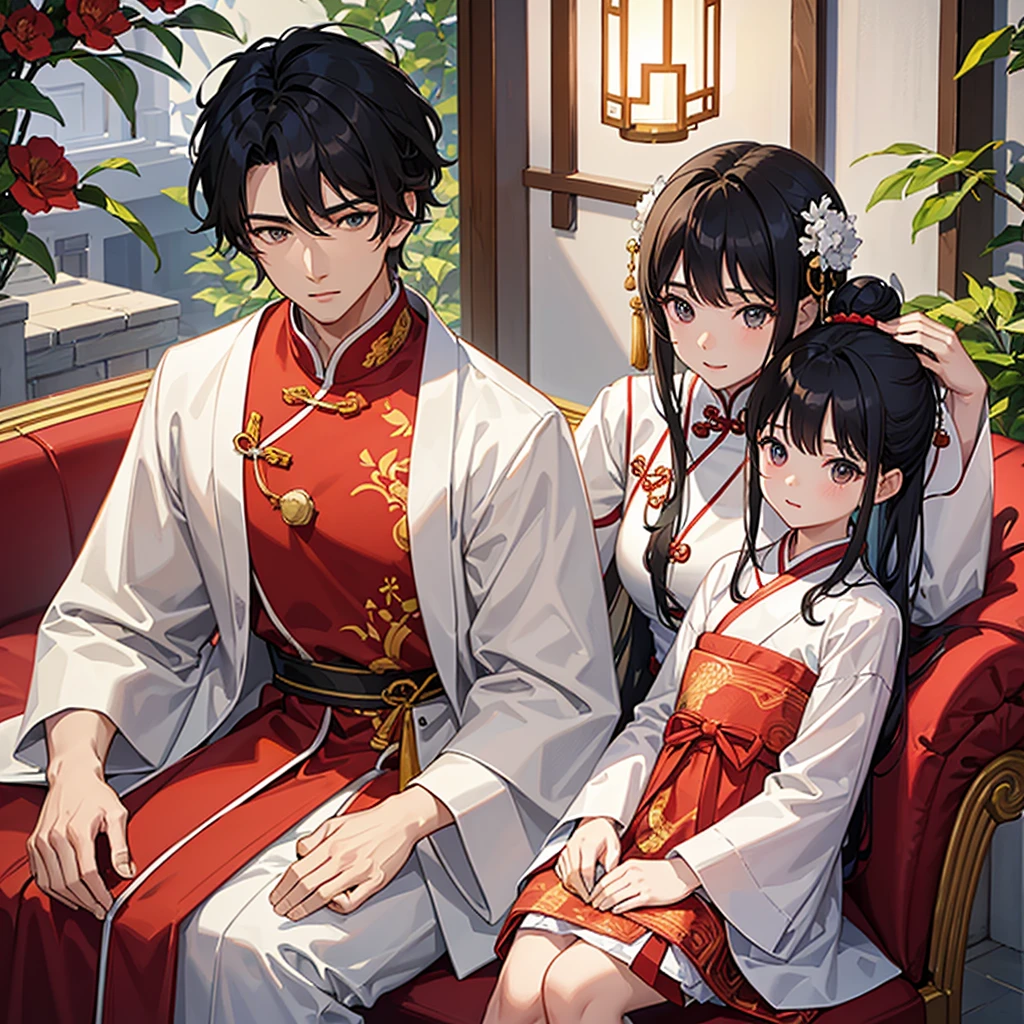 a handsome young man with a good face and a gentle face, wearing a white ancient Chinese costume, sitting on a chair, hugging his little sister, who is 1year old, with her hair tied in two buns, black hair, in a red Chinese new year costume, in the morning, there is sunlight shining in the front yard garden.