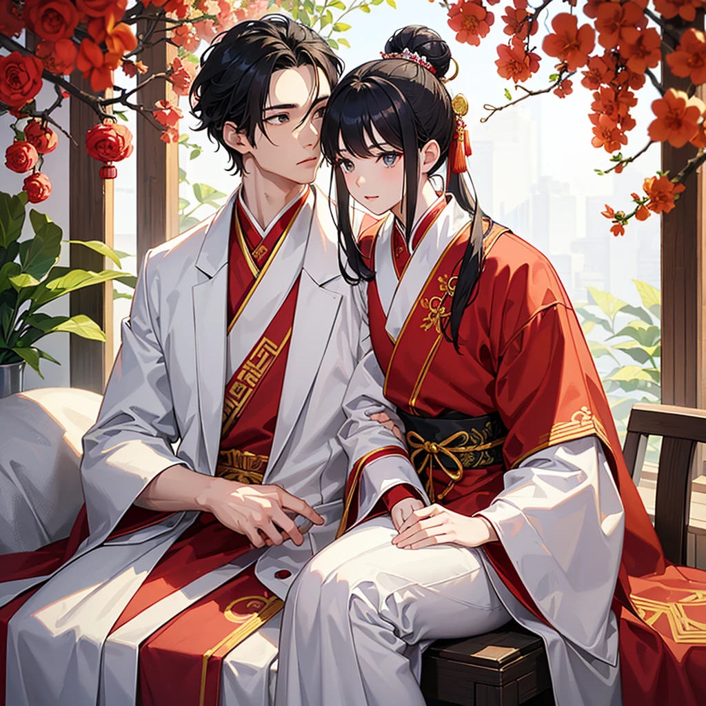 a handsome young man with a good face and a gentle face, wearing a white ancient Chinese costume, sitting on a chair, hugging his little sister, who is 1year old, with her hair tied in two buns, black hair, in a red Chinese new year costume, in the morning, there is sunlight shining in the front yard garden.