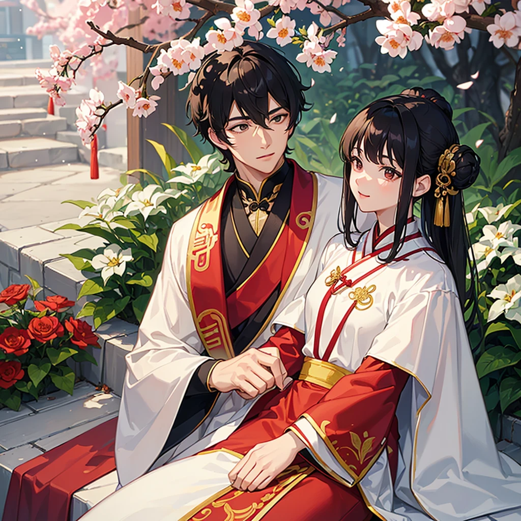 a handsome young man with a good face and a gentle face, wearing a white ancient Chinese costume, sitting on a chair, hugging his little sister, who is 1year old, with her hair tied in two buns, black hair, in a red Chinese new year costume, in the morning, there is sunlight shining in the front yard garden.