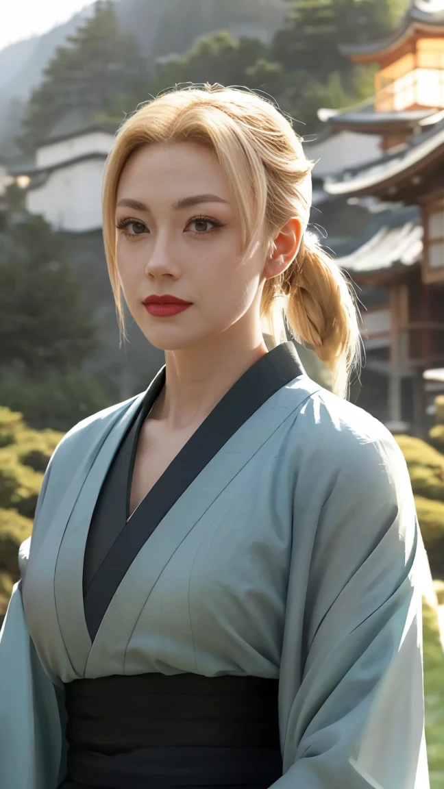 "Create an image of a powerful and elegant female warrior with long, blonde hair tied in two ponytails. She has a commanding presence and a mature, confident expression. Her outfit consists of a green kimono-style robe with a wide belt, revealing her strong yet feminine figure. She has a distinctive diamond-shaped marking on her forehead, symbolizing her vast knowledge and healing abilities. Her hands are glowing with a mystical energy, ready to unleash her incredible strength. The background shows a traditional Japanese village with a serene, mountainous landscape, creating a balance between her formidable power and the peaceful surroundings."