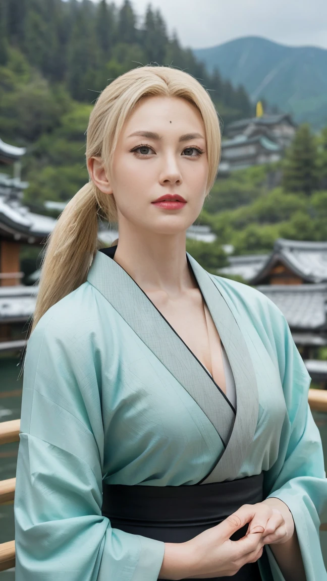 "Create an image of a powerful and elegant female warrior with long, blonde hair tied in two ponytails. She has a commanding presence and a mature, confident expression. Her outfit consists of a green kimono-style robe with a wide belt, revealing her strong yet feminine figure. She has a distinctive diamond-shaped marking on her forehead, symbolizing her vast knowledge and healing abilities. Her hands are glowing with a mystical energy, ready to unleash her incredible strength. The background shows a traditional Japanese village with a serene, mountainous landscape, creating a balance between her formidable power and the peaceful surroundings."
