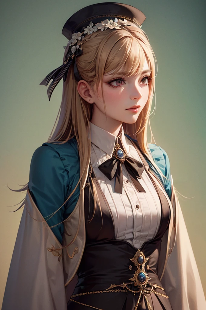 One person, masterpiece, Highest quality, 8k, Detailed skin texture, Detailed cloth texture, Beautifully detailed face, Intricate details, Super detailed, Alice in Wonderland, (A ribbon on her head:1.1), Upper Body
