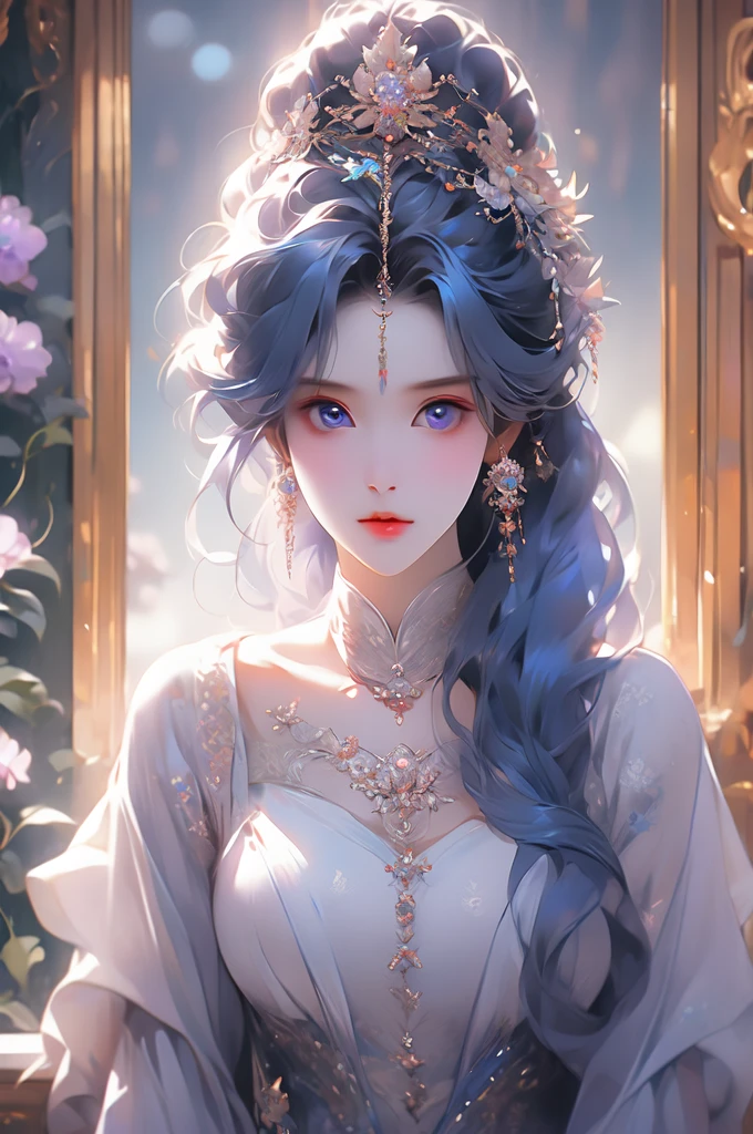 Tianqiong, Door Art, 1 Girl, Jewelry, Hair accessories, Solitary, earrings, Long hair, blue eyes, Blue Hair, Looking at the audience, necklace, Purple Hair,masterpiece,HDR,Ultra HD,8K,best quality,photography,