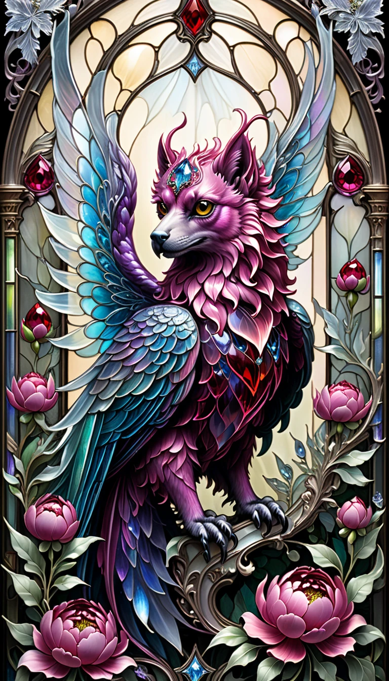 triadic colors, cinematic, official art, close fairytale transparent glass griffin ruby peony flowers, ice hoarfrost, baroque, Craola, highly detailed stained glass wings, amethyst crystals, labradorite iridescent crystals, Andy Kehoe, John Blanche, complex highly detailed background, child book detailed illustration, fantasy, filigree, filigree detailed, intricated, cute