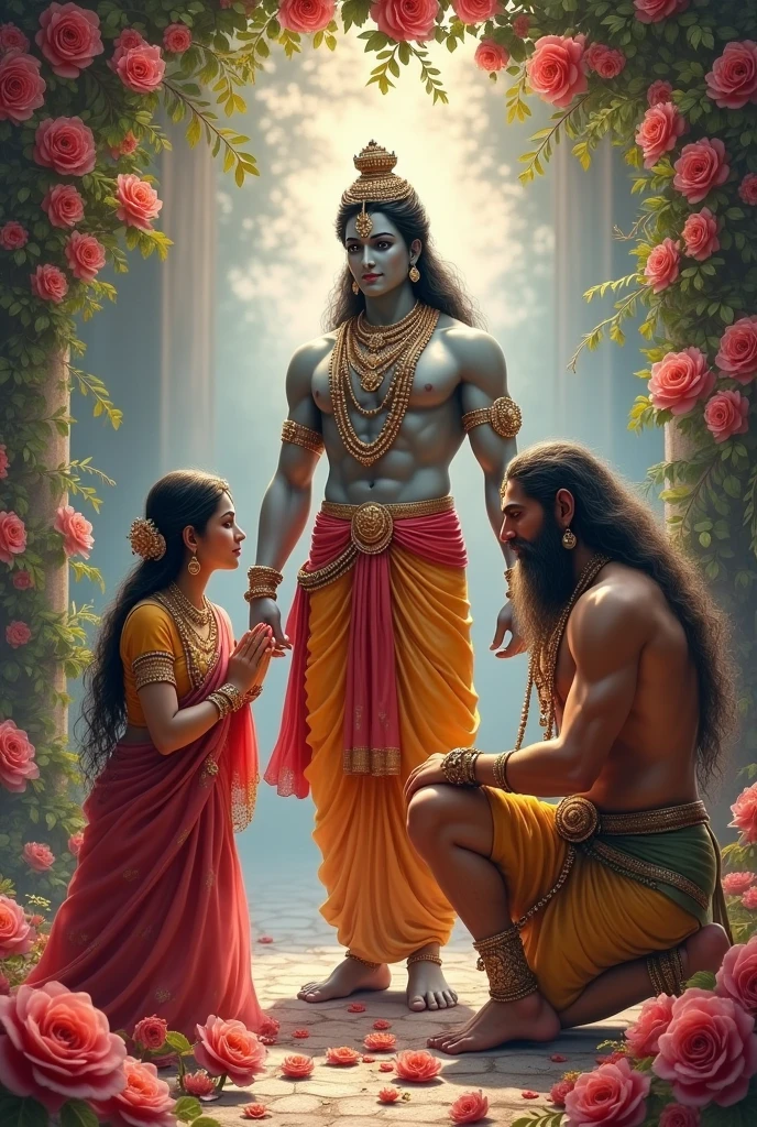 भगवान श्री राम का फोटो की सीता माता हनुमान जी प्रणाम करते हुए बैकग्राउंड में फूल पास हस्तमैतून करते हैं बडा स्तन लिंग
