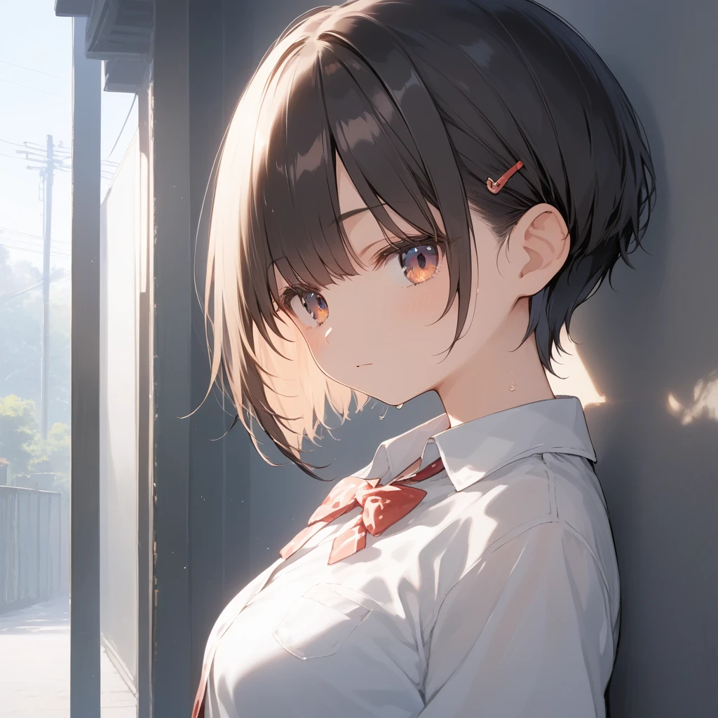 score_9, score_8_up, score_7_up, source_anime, best quality, masterpiece, official art, absurdres, highres, ultra-detailed,waifu2x,Collection: Pixiv 1000,break,1girl, school girl, very short hair, pixie cut, medium breasts, slender, thighs, beautiful detailed eyes, expressionless, sweat, sleepily, (disgust:0.3), pov, school, outdoors, break,(clear line illustration:1.2), super detailed skin, shiny skin, very high resolution, very aesthetic, Best sexual lighting powered by famous artist, 4k, 8k, 16k, cute picture, beauty illustration,photoshop_(medium),,(Detailed Lighting),best anime 8k konachan wallpaper, pixiv contest winner,
