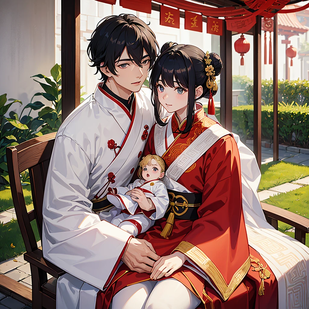 a handsome young man with a good face and a gentle face, wearing a white ancient Chinese costume, sitting on a chair, hugging his little sister, who is 1year old, with her hair tied in two buns, black hair, in a red Chinese new year costume, in the morning, there is sunlight shining in the front yard garden.