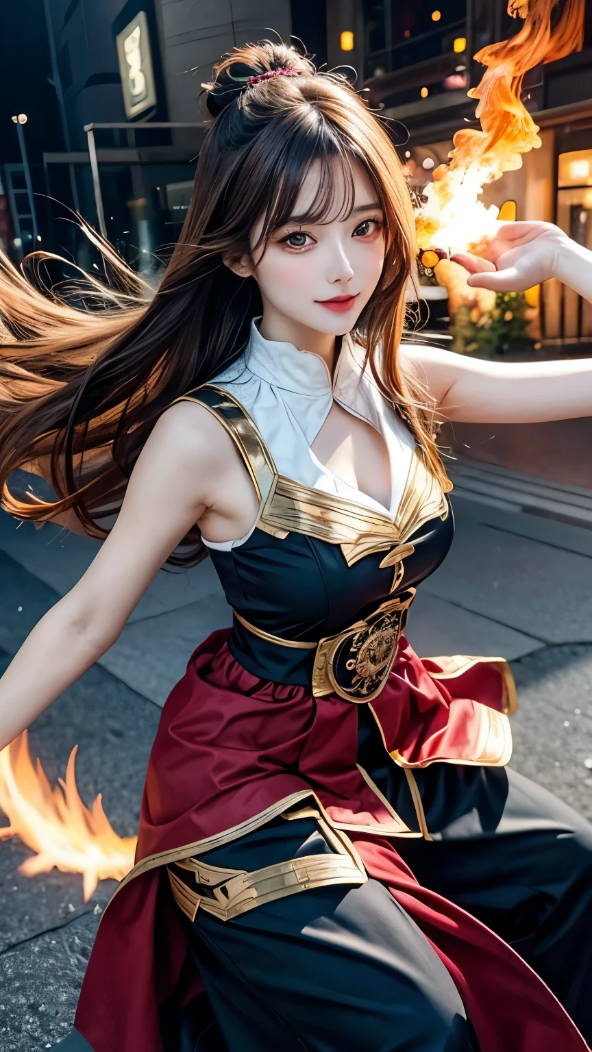master piece, Best Quality, A high resolution, top-quality, Anime style, The best lighting, Beautiful face, kinomoto sakura, 1woman, tall, 30 years old, large breasts, light brown hair, very Short hair, shoulder length hair, Antenna Hair, Green eyes, frills, dynamic angle, confident smile, vibrant colors, mage, pyromancer, practical clothing, magic staff sunny day, fantasy city environment, dynamic pose, fire and flames,