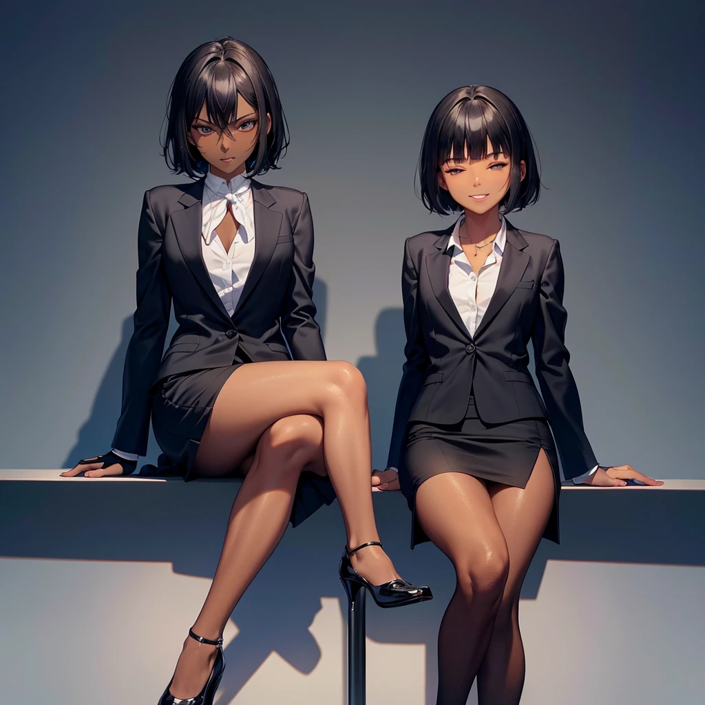 (masterpiece:1.2), highest quality, High resolution, unity 8k wallpaper, (fine and beautiful eyes:1.6), highly detailed face, perfect lighting, Detailed CG, (perfect hands, perfect anatomy:1.3), (1 femmale:1.4), (20 years old femmale:1.4),( black hair:1.3), extremely beautiful detailfeminine face and eyes, (evil smile:1.3), detailed eyes, best quality,( dark skin:1.8), extremely detailed, very precise detailed,(glasses:1.3), (blunt bangs:1.3), open mouth, (very short hair:1.4),(fingerless gloves:1.5), (half closed eyes:1.5),(business suit:1.6),boots,(flat chest:1.4),(cigarette in mouth:1.2),sitting,(long pencil skirt:1.3),(long skirt in slit:1.6),(crossed_legs:1.3),