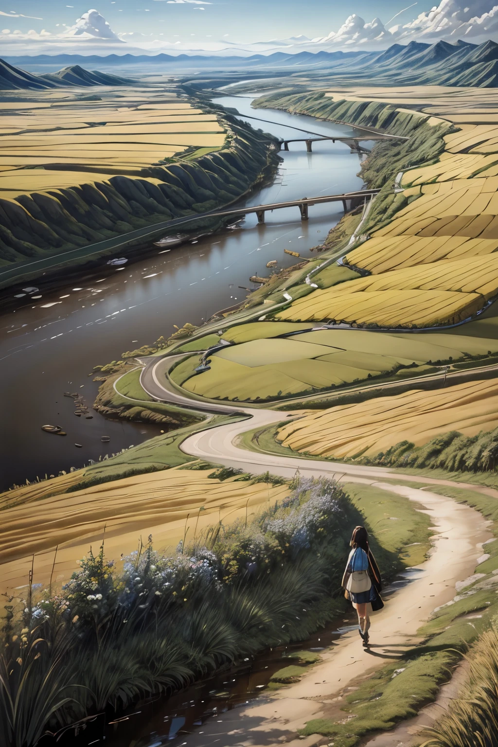 Realistic, Real, Beautiful and Amazing Landscape Oil Painting Studio Ghibli Hayao Miyazaki Petals Grassland Blue Sky Grassland Country Road Along a River, Building, Beautiful Girl Walking on the Road,