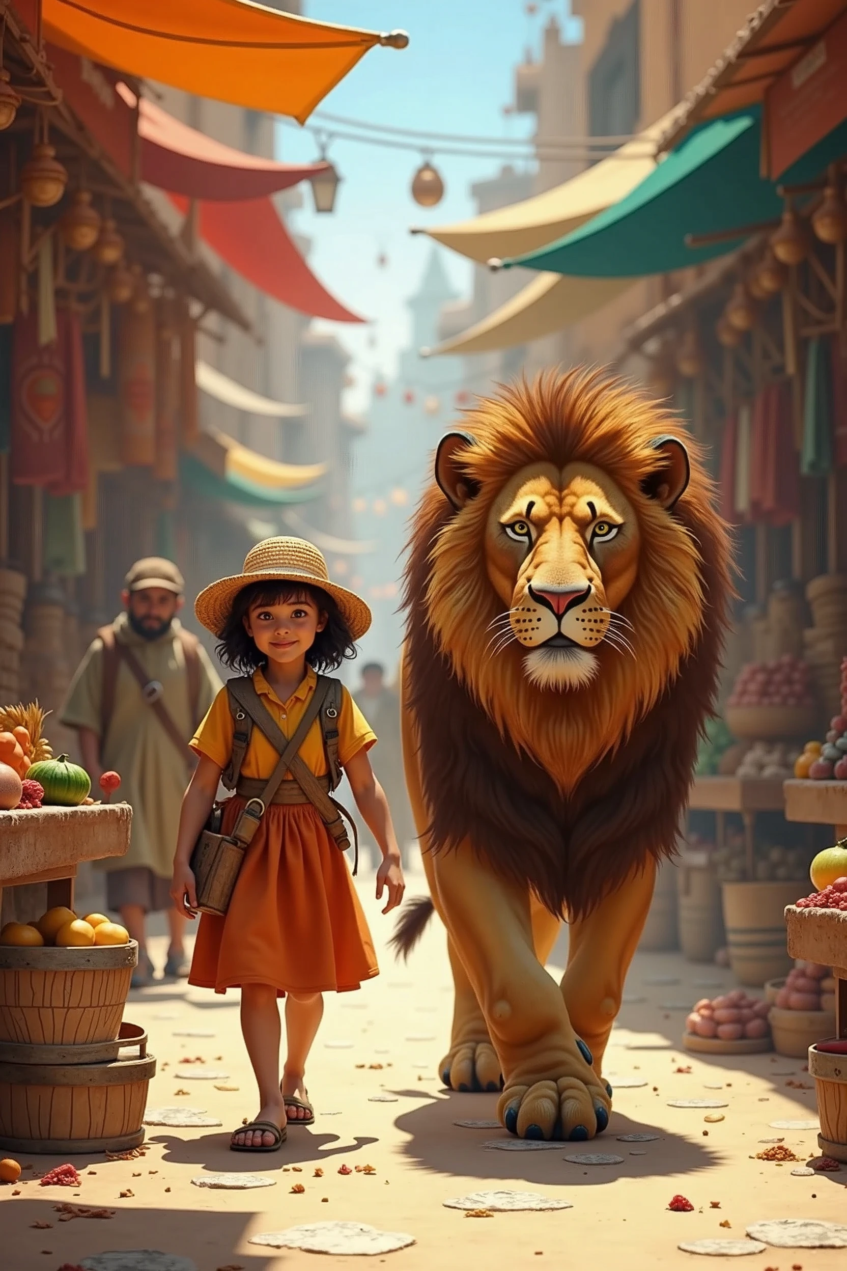 A girl shopping at the market, bring a big lion